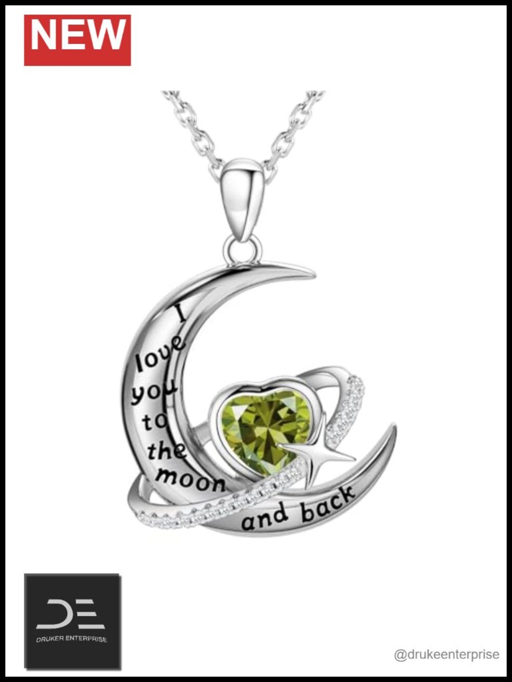 S925 Sterling Silver Moon Necklace with Heart Birthstone Pendant for Women